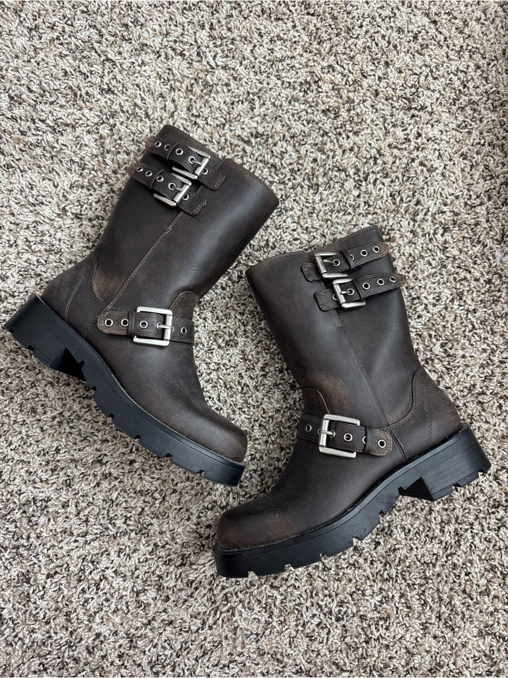 Zara Chunky Buckle Brown Leather Combat Boots